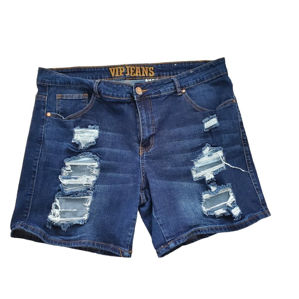 BLUE DENIM DESTROYED SHORTS SIZE 18